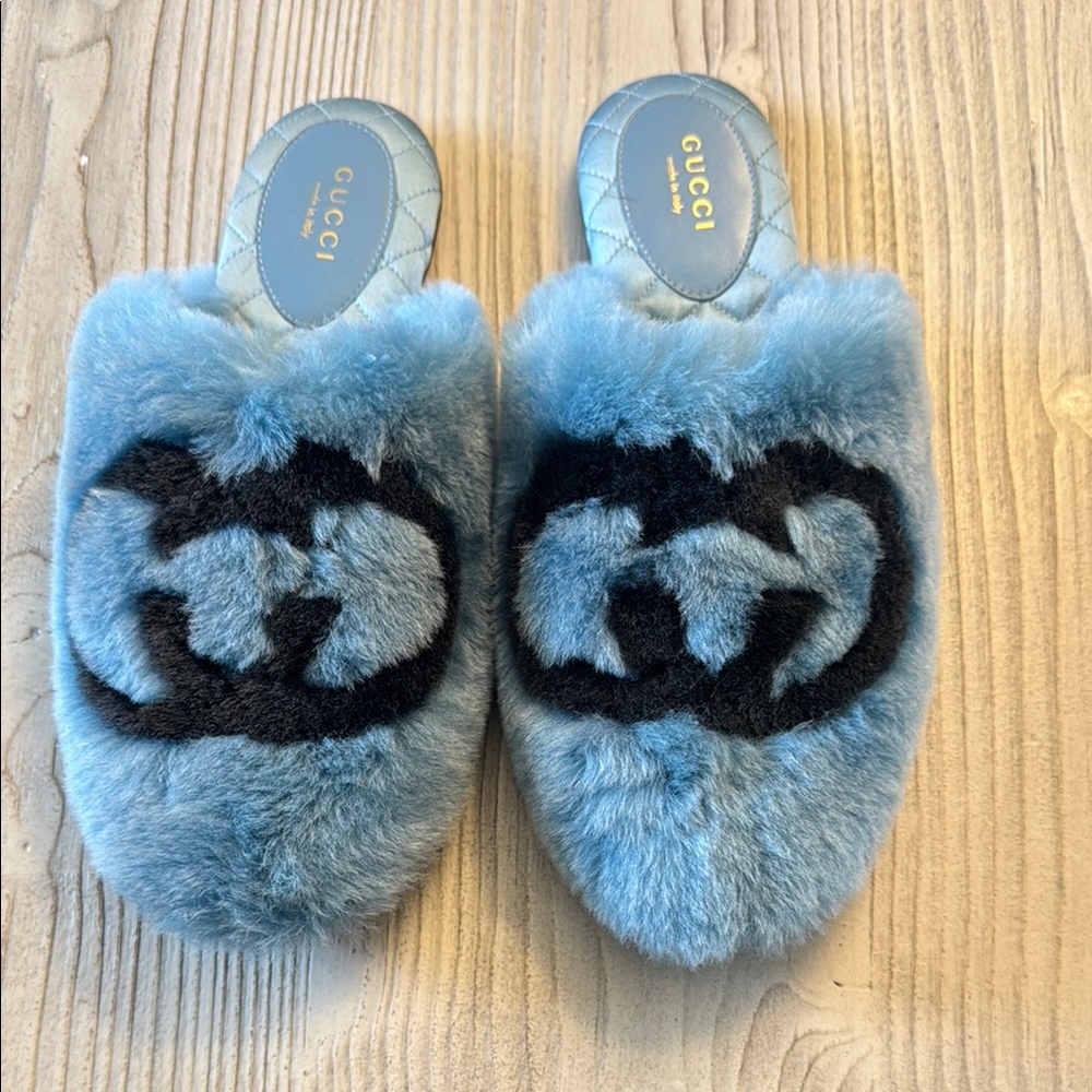 Gucci Plush Blue Interlocking G Faux Fur Slippers 37.5